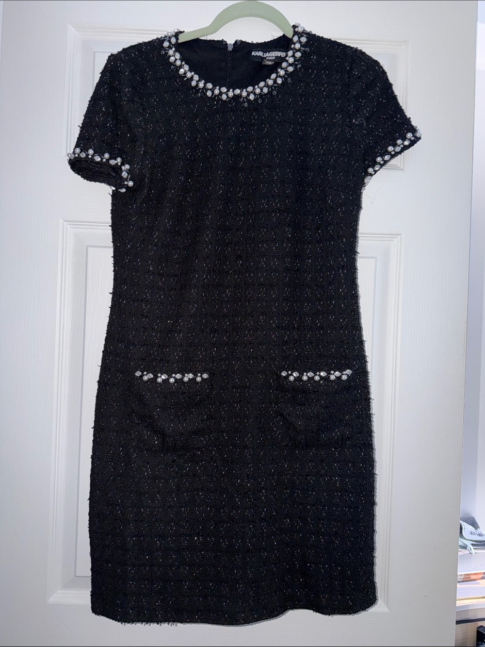 Karl Lagerfeld Black Tweed Short-Sleeve Shift Dress with Pearl Trim size 6